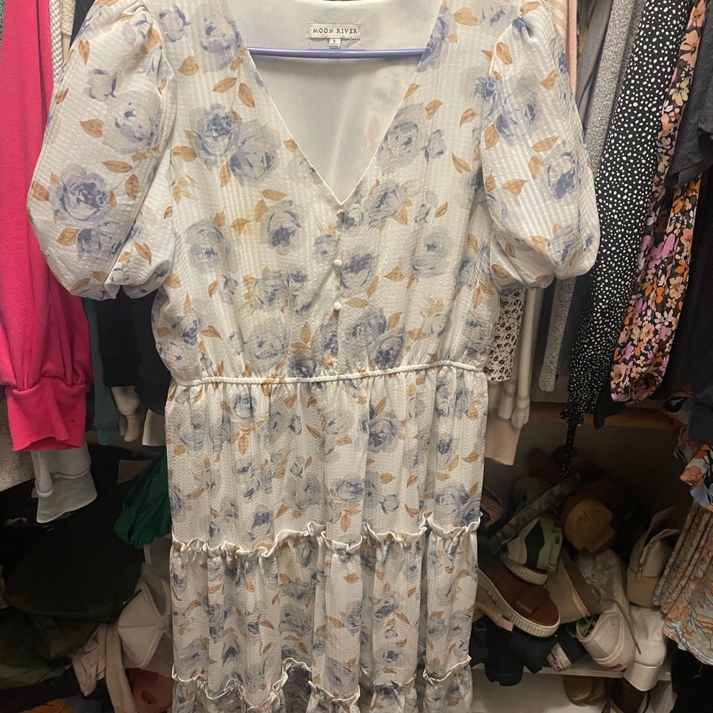 Moon River Floral Dress - Blue and Tan